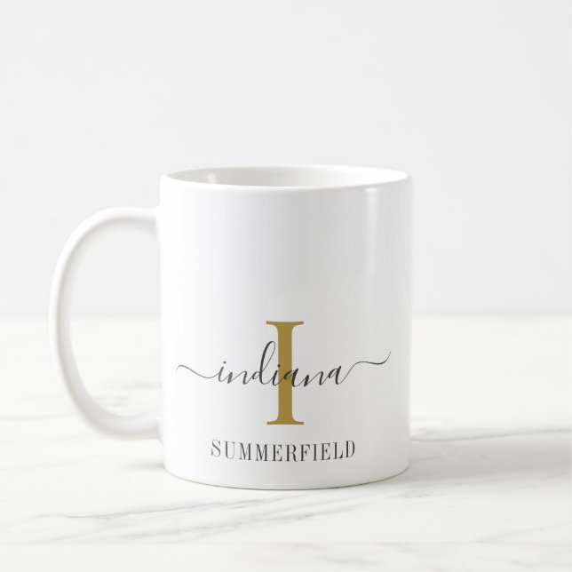 Monogram Script Name Stylish Gold Grey Minimalist Coffee Mug (Left)