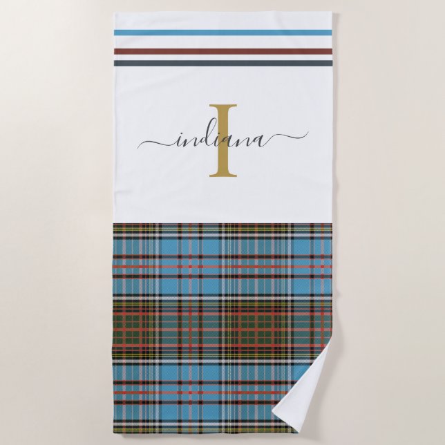 Monogram Script Plaid Tartan Clan Anderson Check Beach Towel (Front)