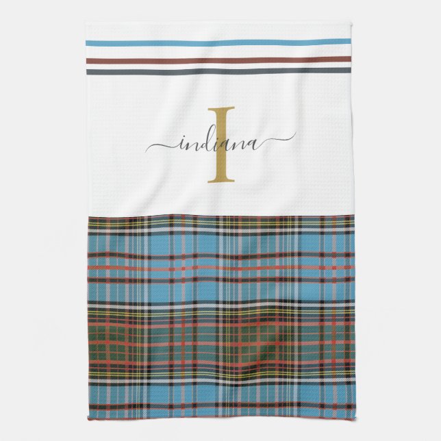 Monogram Script Plaid Tartan Clan Anderson Check Tea Towel (Vertical)