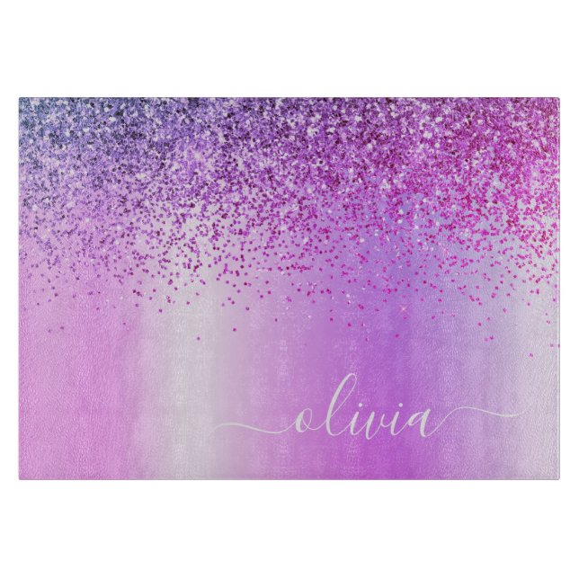 Monogram Script Purple Glitter Girly Name Cutting Board (Front)