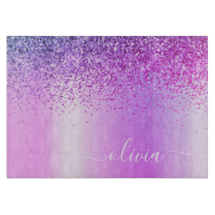 Monogram Script Purple Glitter Girly Name Cutting Board