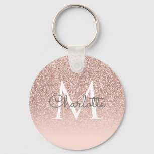 Monogram Script Rose Gold Glitter Blush Pink Key Ring