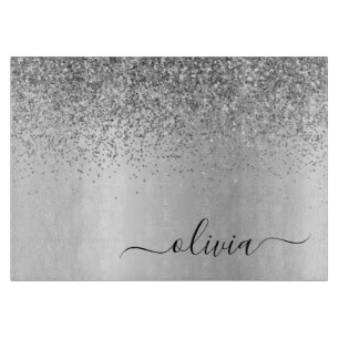 Monogram Script Silver Black Glitter Girly Name Cutting Board