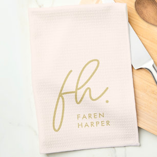 Monogram Script Simple Minimal Elegant Blush Gold Tea Towel