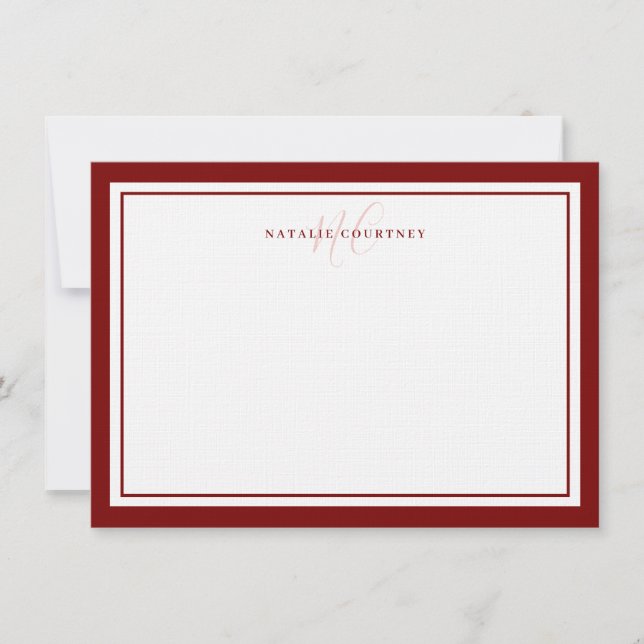 Monogram Script Two Border Minimalist Maroon Red Card (Front)