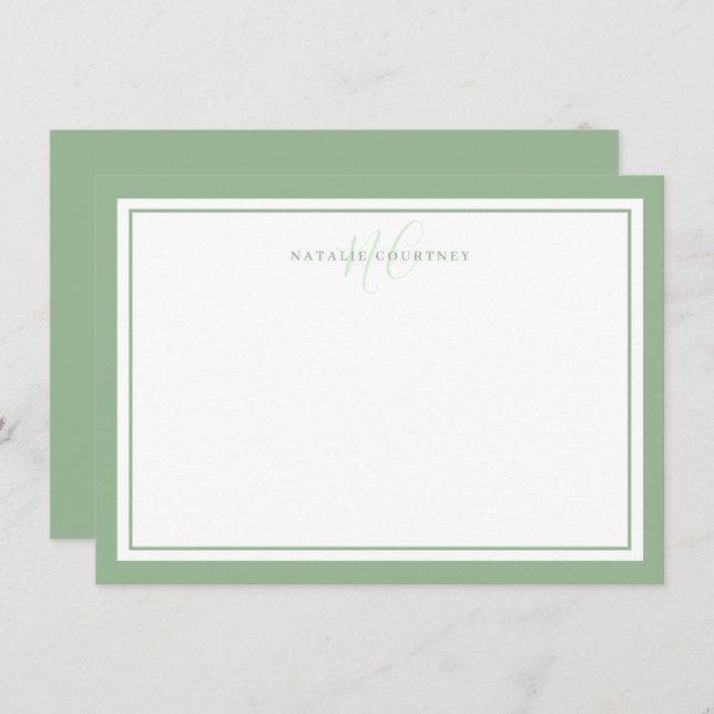 Monogram Script Two Border Minimalist Sage Green Card (Front/Back)