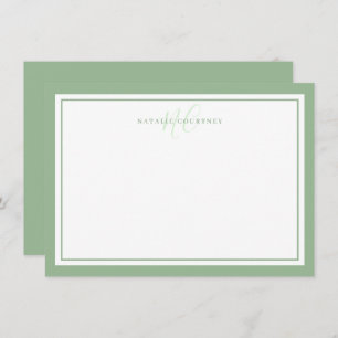 Monogram Script Two Border Minimalist Sage Green Card