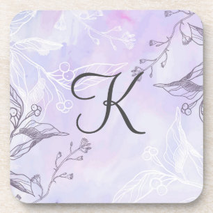 Monogram Script White Grey Purple Floral  Coaster