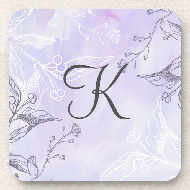 Monogram Script White Grey Purple Floral  Coaster (Front)