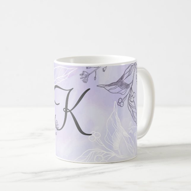 Monogram Script White Grey Purple Floral  Coffee Mug (Front Right)