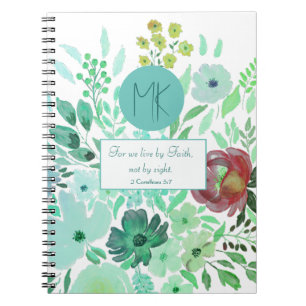 Monogram Scripture Aqua Green Watercolor Floral Notebook