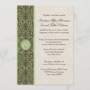 Monogram Scroll Border (Brown, Sage & Cream) Invitation