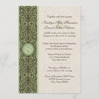 Monogram Scroll Border (Brown, Sage & Cream) Invitation