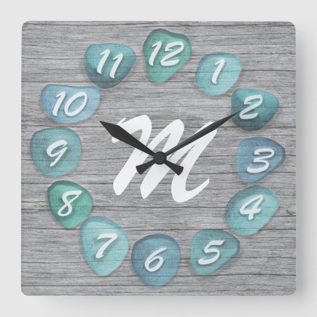 Monogram Sea Glass Beach Driftwood Square Wall Clock (Front)