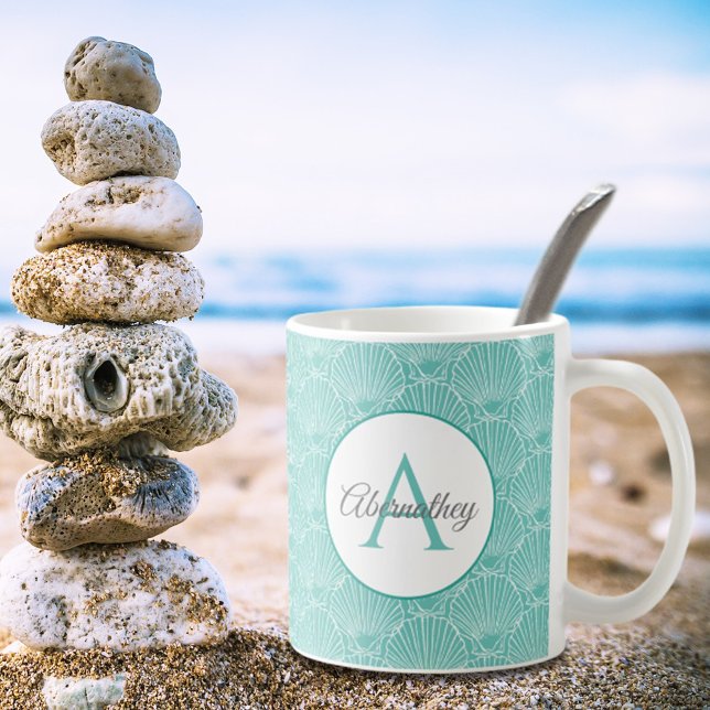 Monogram Sea Shell Skeleton Pattern Beach House Coffee Mug (A set of these is a nice wedding or housewarming gift with the initial letter monogram and name. )