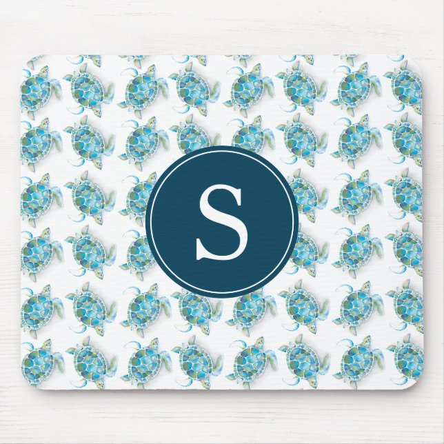 Monogram Sea Turtle Pattern Turquoise Blue Mouse Mat (Front)