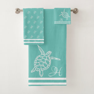 Monogram Sea Turtles Teal Blue Nautical Coastal  Bath Towel Set