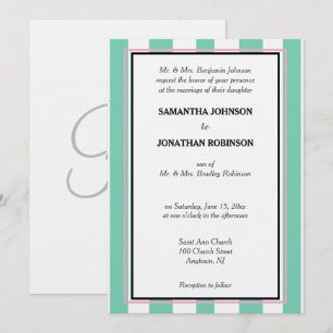 Monogram Seafoam Green Pink White Cabana Stripes  Invitation