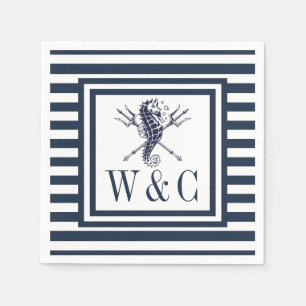 Monogram Seahorse Nautical Navy Blue Stripe Napkin