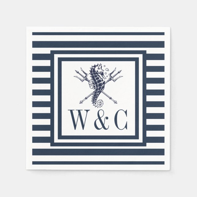 Monogram Seahorse Nautical Navy Blue Stripe Napkin (Front)