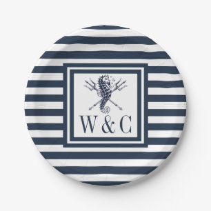 Monogram Seahorse Nautical Navy Blue Stripe  Paper Plate