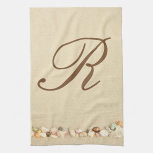 Monogram Seashells on Beach Sand Personalised Tea Towel