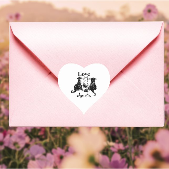 Monogram Sent with Love Black White Cat Heart Sticker (A little love from one cat lover to another. 🐈‍⬛😽)