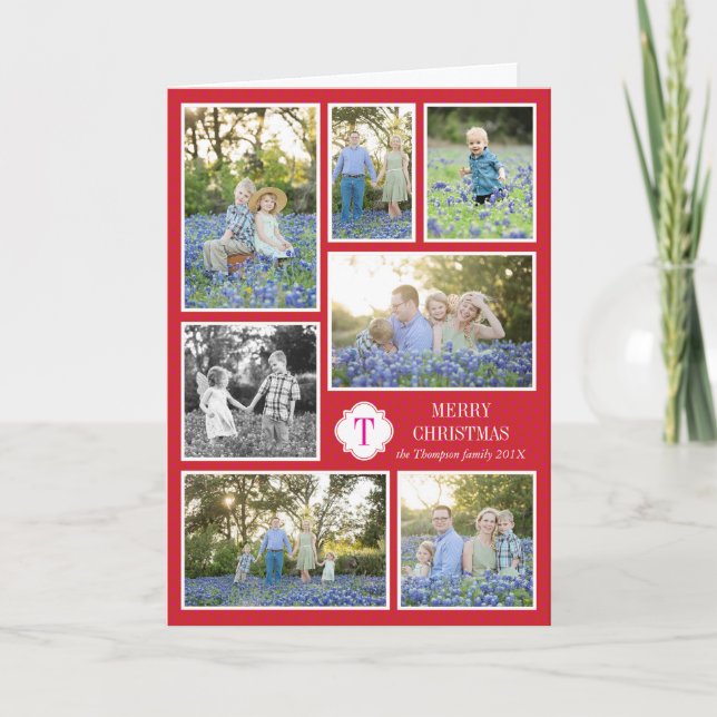 Monogram Seven Photo Holiday Card Red Pink Dots (Front)