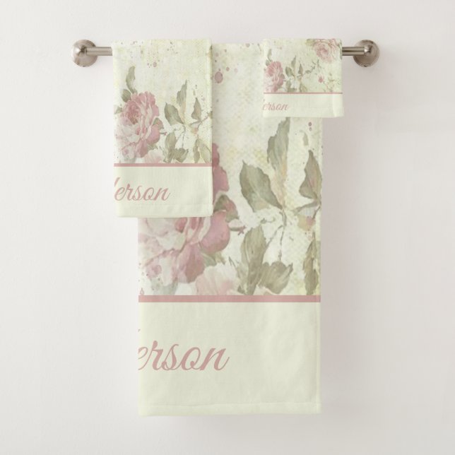 Monogram Shabby Chic Pink Green Rose Floral Bath Towel Set (Insitu)