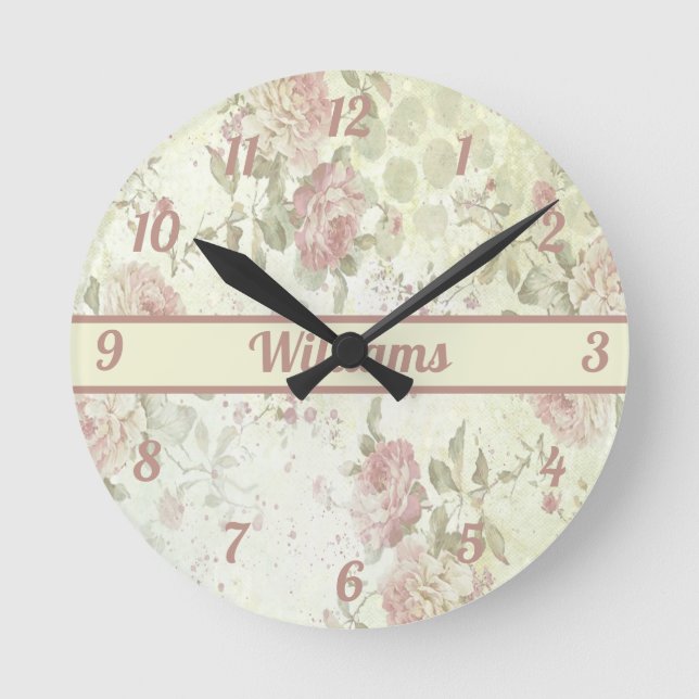 Monogram Shabby Chic Pink Green Rose Floral  Round Clock (Front)
