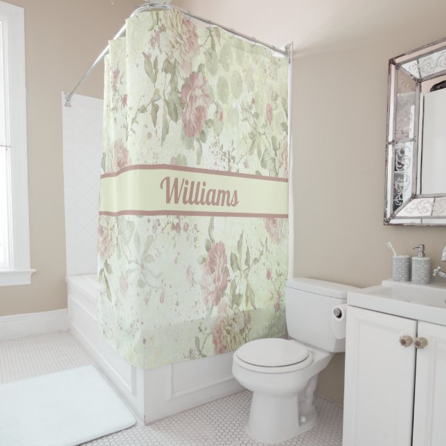 Monogram Shabby Chic Pink Green Rose Floral  Shower Curtain (In Situ)
