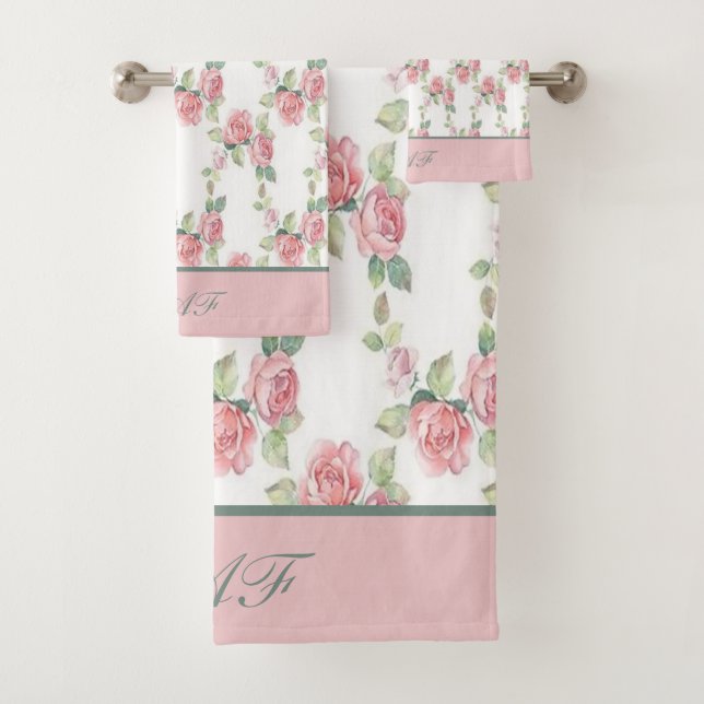 Monogram Shabby Chic Pink Rose Floral  Bath Towel Set (Insitu)