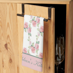 Monogram Shabby Chic Pink Rose Floral  Tea Towel
