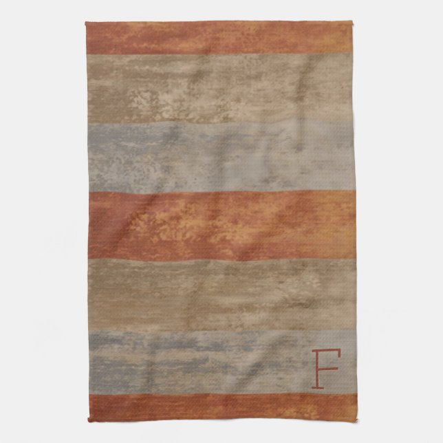 Monogram Shades of Grey and Orange Ombre Striped Tea Towel (Vertical)
