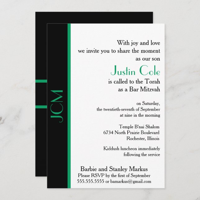 Monogram Shamrock Green Black Bar Mitzvah Invitation (Front/Back)