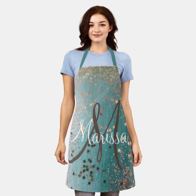 Monogram Shimmery Gold Stars On Teal Apron (Worn)
