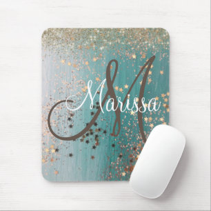 Monogram Shimmery Gold Stars On Teal Mouse Mat