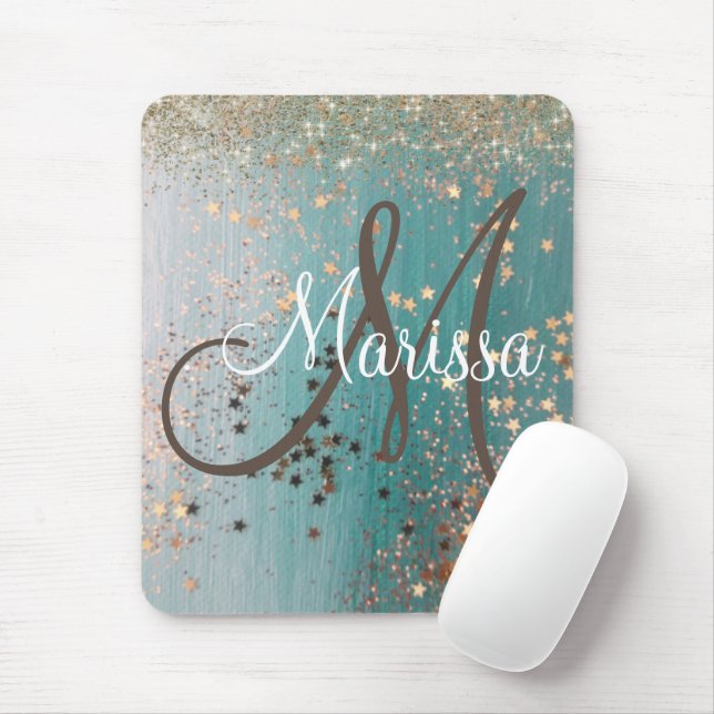 Monogram Shimmery Gold Stars On Teal Mouse Mat (With Mouse)