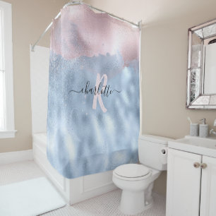 Monogram Shimmery Rose Gold and Baby Blue Ombre Sh Shower Curtain