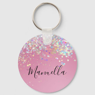 Monogram Shiny Rose Gold Pink Glitter Custom Name  Key Ring