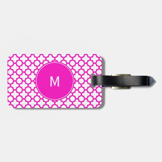 Monogram Shocking Pink Quatrefoil Pattern Luggage Tag (Back Horizontal)