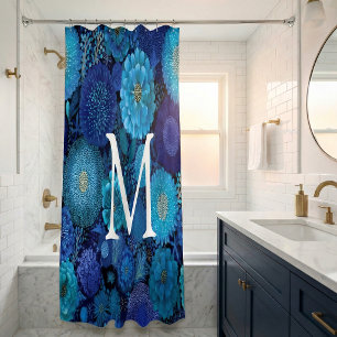 Monogram Shower Curtain  floral navy blue 