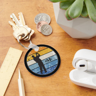 Monogram Silhouette Golfer Retro Stripe Key Ring
