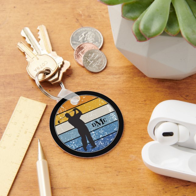 Monogram Silhouette Golfer Retro Stripe Key Ring (Desk)