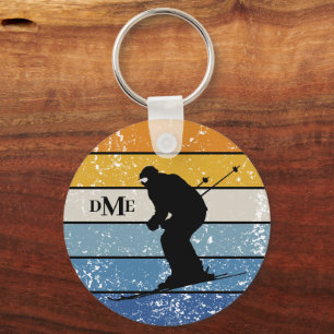 Monogram Silhouette Snow Skier Retro Stripe Key Ring