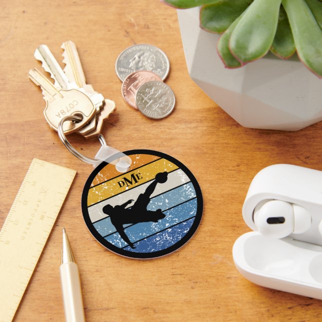 Monogram Silhouette Soccer Player Retro Stripe Key Ring (Desk)