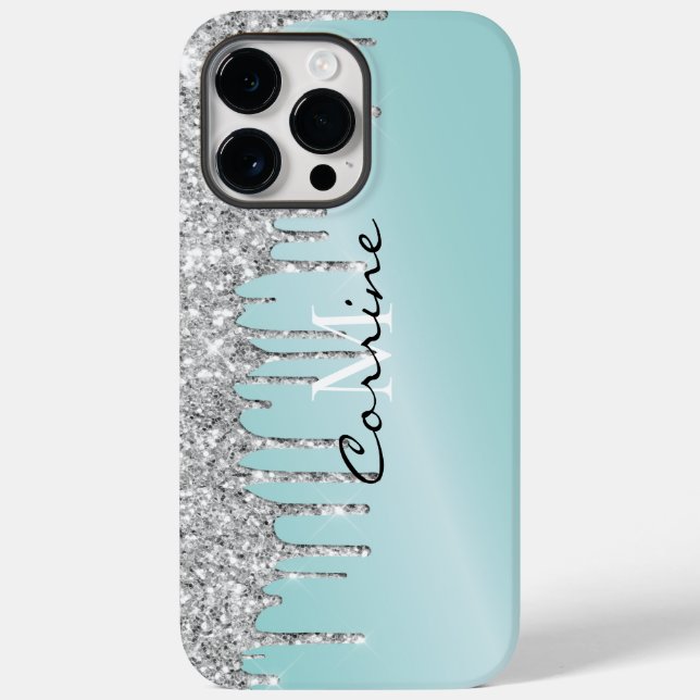 Monogram Silver Aqua Blue Glitter Drip Android + Case-Mate iPhone Case (Back)