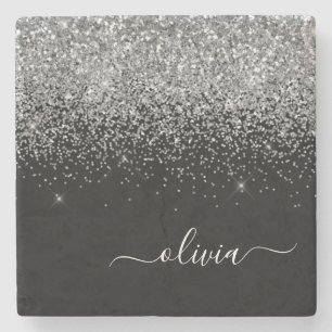 Monogram  Silver Black Glitter Script Girly Name Stone Coaster