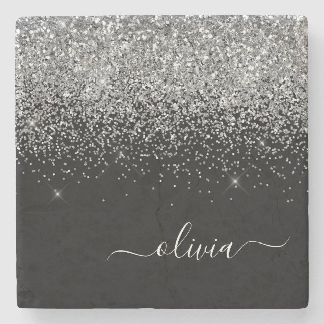 Monogram  Silver Black Glitter Script Girly Name Stone Coaster (Front)