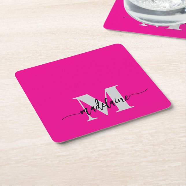 Monogram Silver Black Pink Personal Square Paper Coaster (Angled)
